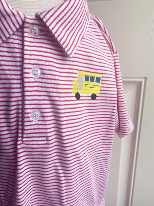 Red and White Striped Polo with Embroidered School Bus